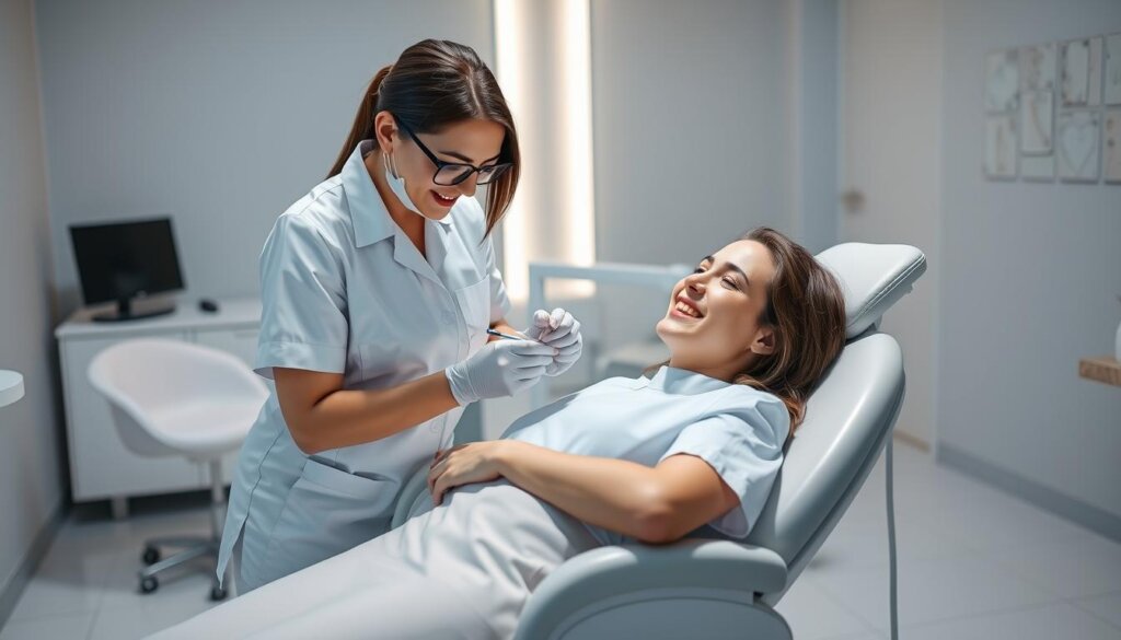 A dental hygienist in a crisp, white uniform delicately working on a patient's teeth with professional tools, the patient reclining comfortably in a modern, well-lit dental chair. The hygienist's movements are precise and focused, their expression one of calm expertise. The room is clean, with gleaming tile floors and minimalist decor that conveys a sense of medical authority and care. Soft, directional lighting illuminates the scene, casting subtle shadows that accentuate the textures of the instruments and the patient's facial features. The overall atmosphere is one of reassurance and trust, reflecting the importance of regular dental cleanings for maintaining optimal oral health.
