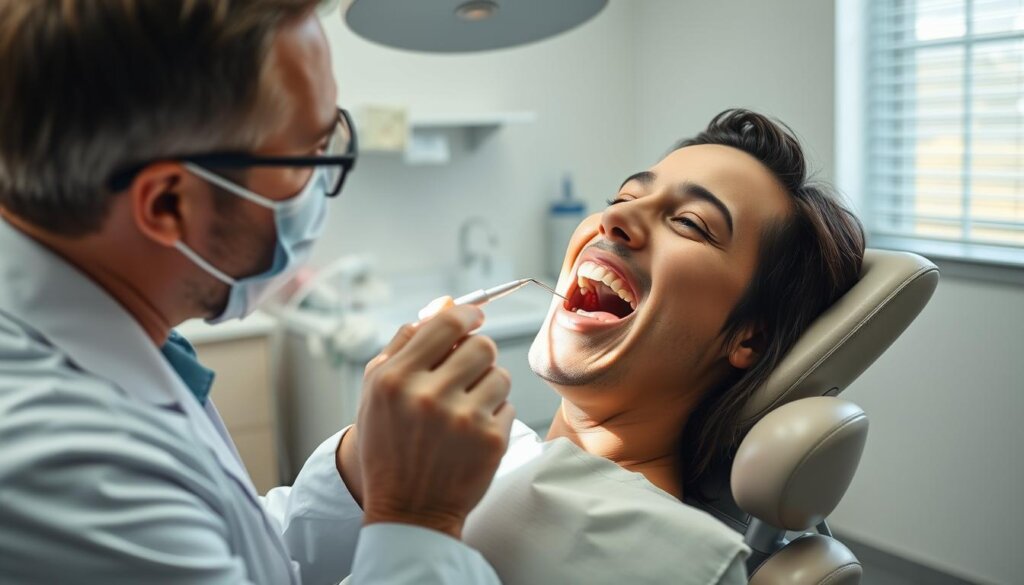 A dentist in a well-lit, modern dental office examining a patient's teeth with a focused expression. The patient is sitting upright in a reclining chair, their mouth open wide as the dentist carefully inspects their oral cavity using a dental mirror and probe. The scene is captured from a slightly elevated angle, providing a clear view of the dentist's skilled hands and the patient's relaxed, trusting demeanor. The atmosphere is one of professionalism and care, with the clinical yet calming environment setting the stage for a routine check-up that could reveal early signs of dental issues.