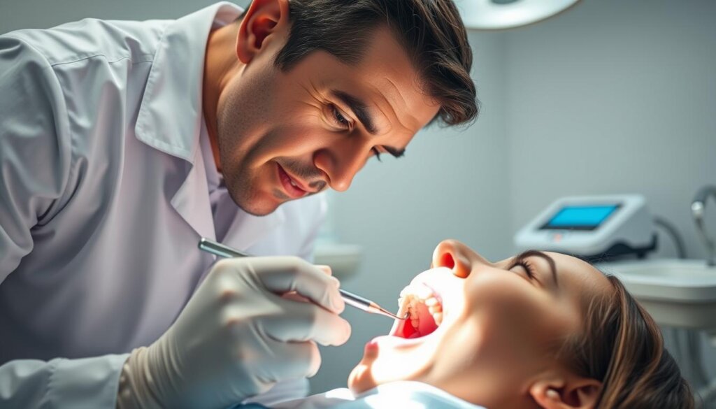 A dentist in a white coat, leaning over a patient's open mouth, using a dental tool to carefully inspect and probe the teeth for any signs of cavities. The lighting is bright and clinical, casting sharp shadows and highlighting the detailed textures of the teeth and dental instruments. The dentist's face is focused, brow furrowed in concentration, as they meticulously examine the patient's oral health. The background is a clean, sterile dental office, with modern equipment and a sense of professionalism. The mood is one of attentive care and the importance of maintaining healthy teeth.
