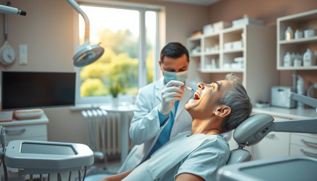 A dentist's examination room, bathed in warm, soft lighting that casts a calming, professional atmosphere. In the foreground, a patient sitting upright in a reclining chair, mouth open as the dentist, dressed in a crisp white coat, carefully inspects their teeth using a small, precise mirror and probing tool. Surrounding them, the room is filled with state-of-the-art dental equipment, neatly organized and gleaming. In the background, shelves of medical supplies and a window offering a glimpse of a serene, verdant outdoor scene, creating a sense of tranquility and trust.