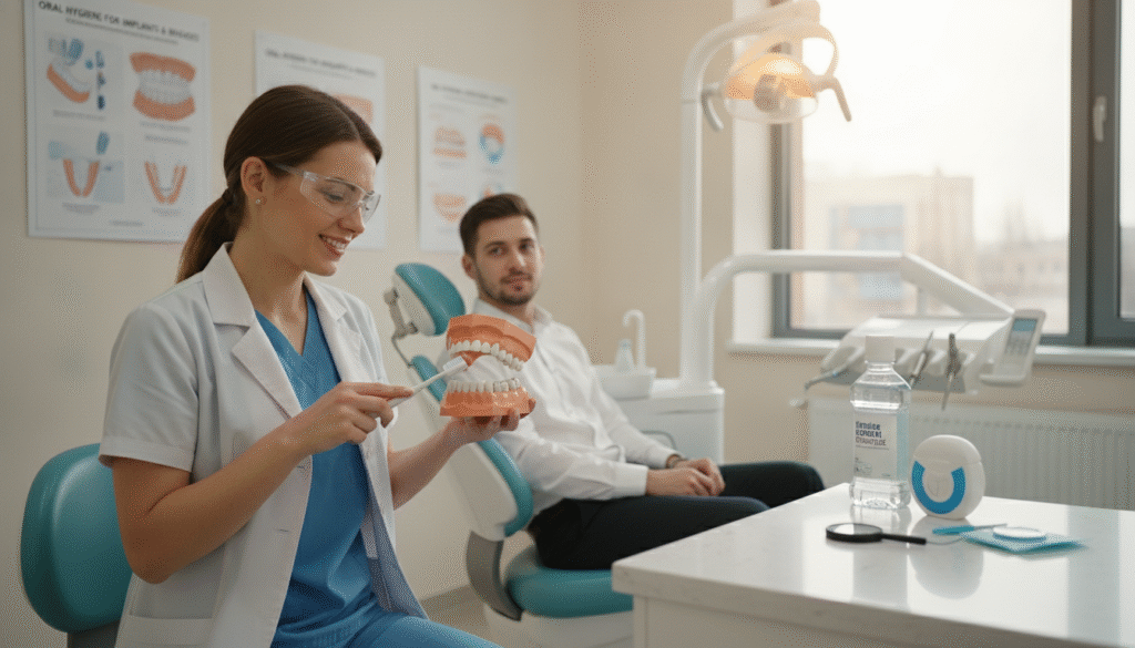 A dentist's office setting featuring a clean, modern dental chair with a bright and inviting atmosphere. In the foreground, a dental hygienist dressed in professional attire is gently demonstrating proper oral hygiene techniques specifically for dental implants and bridges, using a model of a mouth. The hygienist is holding a soft-bristled toothbrush and a small interdental brush. In the middle ground, there are dental care products like floss, antibacterial mouthwash, and a mirror prominently displayed on a sleek countertop. The background includes dental posters on the walls about oral hygiene for implants and a window allowing natural light to illuminate the area, providing a warm and reassuring mood. The composition is well-lit, offering a focus on the hygienist’s friendly demeanor while showcasing the importance of proper care for implants. A dentist's office setting featuring a clean, modern dental chair with a bright and inviting atmosphere. In the foreground, a dental hygienist dressed in professional attire is gently demonstrating proper oral hygiene techniques specifically for dental implants and bridges, using a model of a mouth. The hygienist is holding a soft-bristled toothbrush and a small interdental brush. In the middle ground, there are dental care products like floss, antibacterial mouthwash, and a mirror prominently displayed on a sleek countertop. The background includes dental posters on the walls about oral hygiene for implants and a window allowing natural light to illuminate the area, providing a warm and reassuring mood. The composition is well-lit, offering a focus on the hygienist’s friendly demeanor while showcasing the importance of proper care for implants.