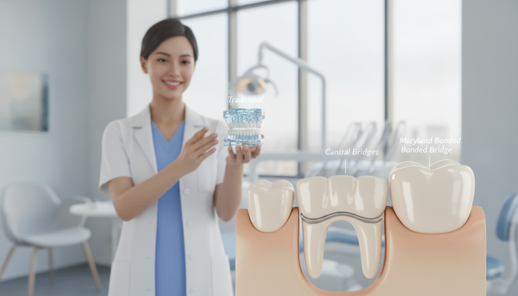 A detailed and informative illustration showcasing various tooth replacement solutions, specifically focusing on dental bridges. In the foreground, depict a close-up view of a realistic dental bridge, emphasizing its structure with a shiny ceramic finish and secure integration with surrounding teeth. The middle ground features a dentist in professional attire, examining a dental model that displays different types of bridges. The background shows a bright, modern dental clinic with soft, natural lighting that conveys a clean and welcoming atmosphere. Use a shallow depth of field to focus on the bridge while gently blurring the dentist and clinic environment. Aim for a bright and reassuring mood, emphasizing the importance of dental health and the functionality of bridges in restoring smiles. A detailed and informative illustration showcasing various tooth replacement solutions, specifically focusing on dental bridges. In the foreground, depict a close-up view of a realistic dental bridge, emphasizing its structure with a shiny ceramic finish and secure integration with surrounding teeth. The middle ground features a dentist in professional attire, examining a dental model that displays different types of bridges. The background shows a bright, modern dental clinic with soft, natural lighting that conveys a clean and welcoming atmosphere. Use a shallow depth of field to focus on the bridge while gently blurring the dentist and clinic environment. Aim for a bright and reassuring mood, emphasizing the importance of dental health and the functionality of bridges in restoring smiles.