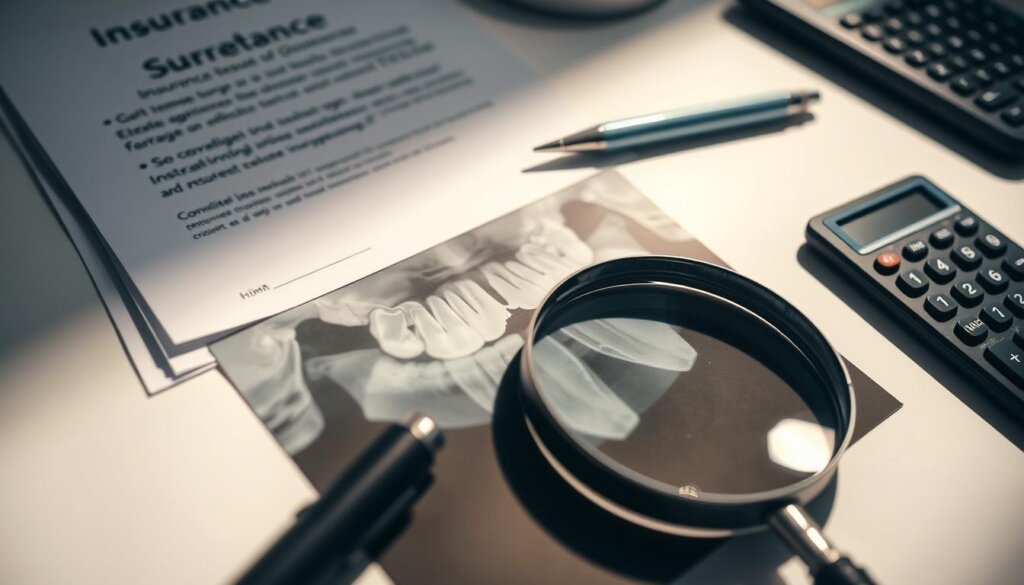 A detailed close-up of a dental x-ray film showing a broken tooth, with a magnifying glass placed next to it to highlight the dental damage. The x-ray is placed on a clean, well-lit desk, surrounded by insurance documents, a pen, and a calculator to convey the importance of documentation and assessment of the dental issue for insurance coverage. The lighting is soft and directional, creating subtle shadows that accentuate the texture and details of the tooth and x-ray. The overall mood is one of careful analysis and attention to detail, reflecting the significance of the "Importance of Documenting Your Dental Issue" section.