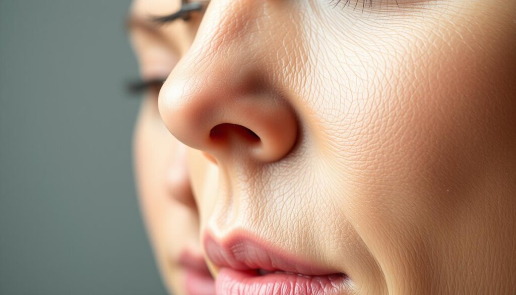 A detailed close-up of facial skin, showcasing the various layers of the epidermis, dermis, and hypodermis. The skin has a healthy, youthful glow with a slight texture, highlighting the intricate structures beneath the surface. In the background, a soft, out-of-focus image of a person's face, emphasizing the importance of skin health and rejuvenation. The lighting is soft and diffused, creating a warm, inviting atmosphere. The camera angle is slightly angled, providing a comprehensive view of the skin's anatomy and the potential for skin tightening treatments to address common concerns.