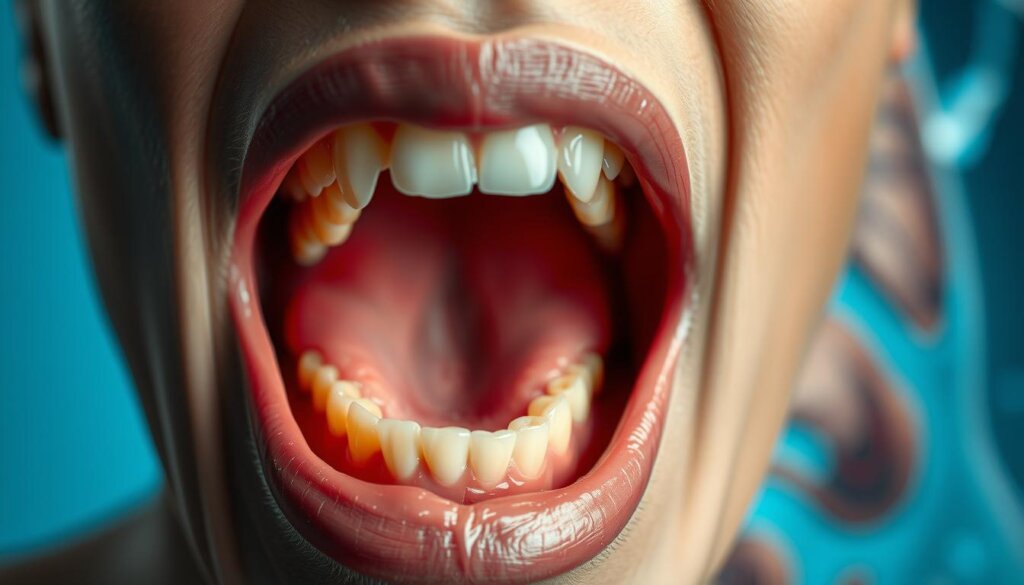 A detailed close-up of the human mouth, showcasing the intricate relationship between oral health and systemic conditions. The scene features a partially open mouth, revealing the teeth, gums, and tongue, illuminated by soft, diffused lighting that highlights the textures and subtle hues. In the background, a hazy, blurred representation of the human body and vital organs, conveying the interconnectedness of oral health and overall well-being. The composition emphasizes the importance of maintaining good oral hygiene and the potential impact it can have on the body's systems. The mood is one of contemplation and scientific exploration, inviting the viewer to consider the broader implications of oral health.