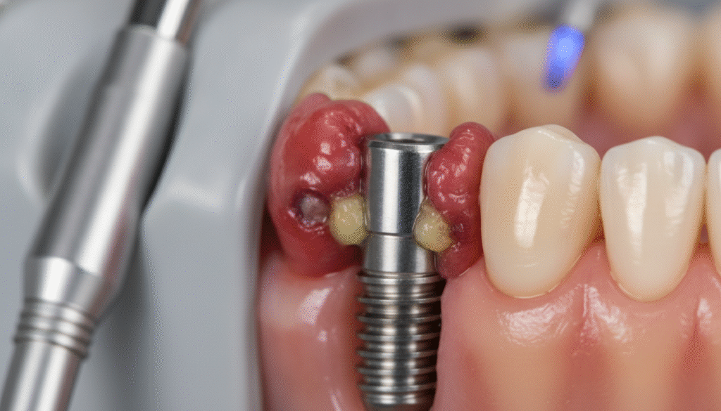 A detailed close-up view of a dental implant surrounded by inflamed gum tissue, depicting signs of infection. The foreground focuses on the dental implant, showing its metallic structure and the surrounding swollen, red gums with visible pus and inflammation. In the middle ground, include subtle textures of healthy teeth, illustrating the contrast. The background softly blurs out clinical dental equipment, emphasizing the setting of a dental office. Utilize soft, diffused lighting to enhance the clinical atmosphere, while maintaining a sterile and professional look. The angle should be slightly tilted to provide a dynamic perspective, capturing both the severity of the infection and the importance of dental hygiene. The overall mood conveys urgency and a need for professional intervention. A detailed close-up view of a dental implant surrounded by inflamed gum tissue, depicting signs of infection. The foreground focuses on the dental implant, showing its metallic structure and the surrounding swollen, red gums with visible pus and inflammation. In the middle ground, include subtle textures of healthy teeth, illustrating the contrast. The background softly blurs out clinical dental equipment, emphasizing the setting of a dental office. Utilize soft, diffused lighting to enhance the clinical atmosphere, while maintaining a sterile and professional look. The angle should be slightly tilted to provide a dynamic perspective, capturing both the severity of the infection and the importance of dental hygiene. The overall mood conveys urgency and a need for professional intervention.
