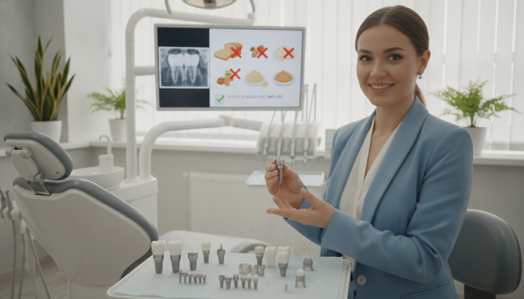 A detailed composition showcasing various types of dental implants and bridges in a clinical setting. In the foreground, a close-up of a dental care professional in smart, professional attire holding a dental implant while explaining its structure. The middle ground features a digital display with images of healthy teeth and illustrations of food types to avoid post-implant. The background presents a well-lit dental office with modern equipment and plants for a calming atmosphere. Soft, diffused lighting enhances the professionalism of the scene, creating a reassuring mood. The camera angle is slightly elevated, giving a comprehensive view of the arrangement, emphasizing the importance of dental care and eating restrictions after getting implants. A detailed composition showcasing various types of dental implants and bridges in a clinical setting. In the foreground, a close-up of a dental care professional in smart, professional attire holding a dental implant while explaining its structure. The middle ground features a digital display with images of healthy teeth and illustrations of food types to avoid post-implant. The background presents a well-lit dental office with modern equipment and plants for a calming atmosphere. Soft, diffused lighting enhances the professionalism of the scene, creating a reassuring mood. The camera angle is slightly elevated, giving a comprehensive view of the arrangement, emphasizing the importance of dental care and eating restrictions after getting implants.