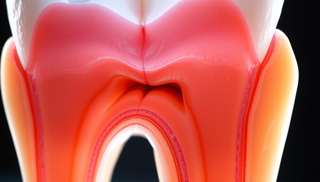 A detailed cross-section of a human molar tooth, showcasing its intricate internal structure. The tooth is rendered in high detail, with a transparent outer enamel layer revealing the dentin, pulp cavity, and root canal system beneath. Precise lighting illuminates the subtle textures and colors of the various anatomical components, creating a sense of depth and dimensionality. The image is captured from a slightly elevated angle, providing a clear and informative view of the tooth's complex and fascinating inner workings.