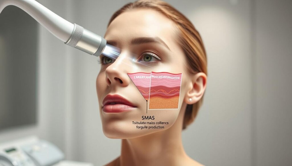 A detailed cross-sectional diagram of the human face, showcasing the inner workings of Ultherapy treatment. In the foreground, a precise illustration of the ultrasound device delivering targeted energy waves deep beneath the skin's surface. The middle ground reveals the layered skin structure, with the SMAS (superficial musculoaponeurotic system) highlighted, illustrating how the treatment stimulates collagen production for facial lifting and tightening. The background features a soft, blurred medical-grade environment, conveying a sense of professionalism and clinical efficacy. The lighting is clean, directional, and emphasizes the technical details, while the camera angle provides a clear, informative view of the treatment process.
