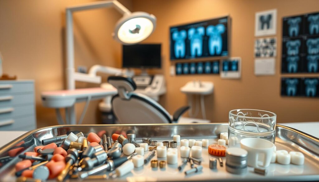 A detailed dental office interior with a focus on the various dental restoration tools and materials. In the foreground, a tray displays a range of dental fillings, crowns, and other restorative devices. The middle ground features a dentist's chair with modern equipment, including a high-intensity lamp and a selection of dental instruments. In the background, a wall-mounted display showcases dental x-rays and charts, providing a technical, medical atmosphere. Warm, soft lighting illuminates the scene, creating a professional and reassuring ambiance. The overall composition emphasizes the complexity and expense associated with dental restoration procedures.