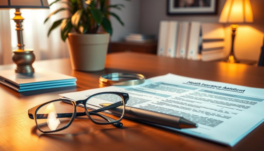 A detailed health insurance policy document lies open on a wooden desk, its pages illuminated by warm, directional lighting. In the foreground, a pair of eyeglasses and a pen rest next to the document, hinting at the careful examination of its contents. The middle ground features a magnifying glass, symbolizing the need to closely inspect the policy's fine print. In the background, a potted plant and a tasteful office decor suggest a professional, yet contemplative atmosphere, setting the stage for the careful consideration of one's dental coverage details.