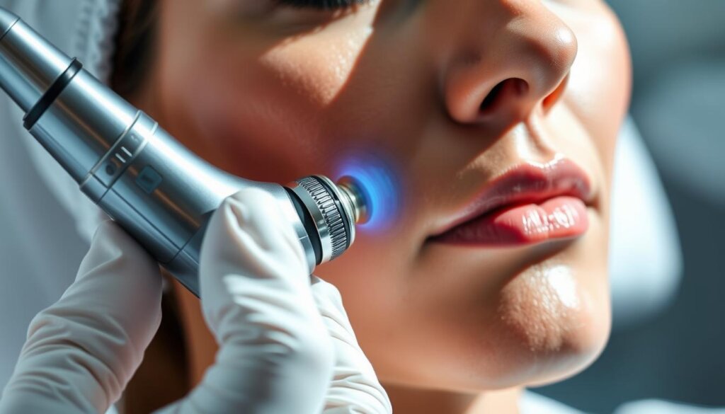 A detailed, highly technical close-up view of an Ultherapy ultrasound skin tightening treatment in progress. The image shows the handpiece of the Ultherapy device being carefully positioned on a patient's face, with the transducer emitting focused ultrasound waves that penetrate the skin's layers. The handpiece is held at a precise angle, highlighting the intricate mechanism. The lighting is bright and clinical, casting sharp shadows that emphasize the medical nature of the procedure. The background is blurred to keep the focus on the foreground action. The overall mood is one of scientific precision and technological innovation in the field of non-surgical skin rejuvenation.