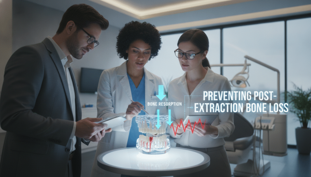 A detailed illustration depicting the concept of preventing bone loss after tooth extraction. In the foreground, a diverse group of three dental professionals in professional attire is engaged in a discussion around a dental model that highlights a missing tooth and its surrounding bone structure. In the middle ground, an infographic-style representation of bone loss mechanisms is subtly shown, illustrating the process visually without overwhelming the scene. In the background, a well-lit, modern dental clinic environment is visible, emphasizing cleanliness and professionalism. The lighting is soft and warm, creating a reassuring atmosphere. The angle is slightly top-down, providing a comprehensive view of the model and professionals, with a focus on collaborative problem-solving. The overall mood is educational and supportive, aimed at conveying an understanding of the importance of timely tooth replacement. A detailed illustration depicting the concept of preventing bone loss after tooth extraction. In the foreground, a diverse group of three dental professionals in professional attire is engaged in a discussion around a dental model that highlights a missing tooth and its surrounding bone structure. In the middle ground, an infographic-style representation of bone loss mechanisms is subtly shown, illustrating the process visually without overwhelming the scene. In the background, a well-lit, modern dental clinic environment is visible, emphasizing cleanliness and professionalism. The lighting is soft and warm, creating a reassuring atmosphere. The angle is slightly top-down, providing a comprehensive view of the model and professionals, with a focus on collaborative problem-solving. The overall mood is educational and supportive, aimed at conveying an understanding of the importance of timely tooth replacement.