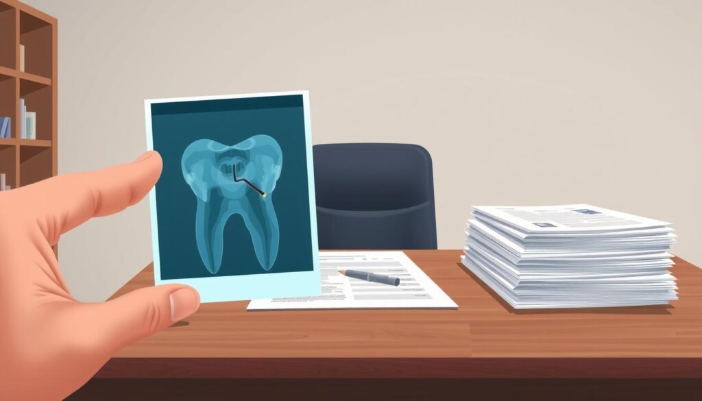 A detailed illustration depicting the reimbursement process for a broken tooth under a dental insurance plan. In the foreground, a hand holds a dental x-ray, showcasing the damaged tooth. In the middle ground, a stack of insurance forms and documentation sits on a wooden desk, representing the claims process. The background features a muted, professional office setting with a neutral color palette, creating a sense of seriousness and practicality. The lighting is soft and evenly distributed, highlighting the important elements. The overall mood is one of diligence and attention to detail, conveying the complexities of dental insurance coverage for a broken tooth.