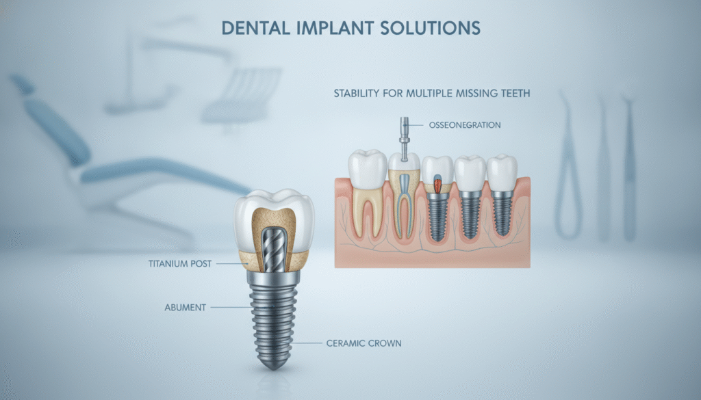 A detailed illustration depicting various dental implant options aimed at an informative audience. In the foreground, showcase a realistic dental implant model with precision details, highlighting the titanium post, abutment, and crown. In the middle, include an anatomically accurate diagram of the jawbone illustrating the dental implant's placement among natural teeth, emphasizing the integration process and the benefit of stability. In the background, subtly illustrate various dental tools and equipment used in the implant procedure. Utilize soft, clinical lighting to create a sterile and professional atmosphere, with a slight depth of field effect to focus on the implant model. The mood should be educational and reassuring, encouraging understanding of dental implants as a viable solution for multiple missing teeth. A detailed illustration depicting various dental implant options aimed at an informative audience. In the foreground, showcase a realistic dental implant model with precision details, highlighting the titanium post, abutment, and crown. In the middle, include an anatomically accurate diagram of the jawbone illustrating the dental implant's placement among natural teeth, emphasizing the integration process and the benefit of stability. In the background, subtly illustrate various dental tools and equipment used in the implant procedure. Utilize soft, clinical lighting to create a sterile and professional atmosphere, with a slight depth of field effect to focus on the implant model. The mood should be educational and reassuring, encouraging understanding of dental implants as a viable solution for multiple missing teeth.