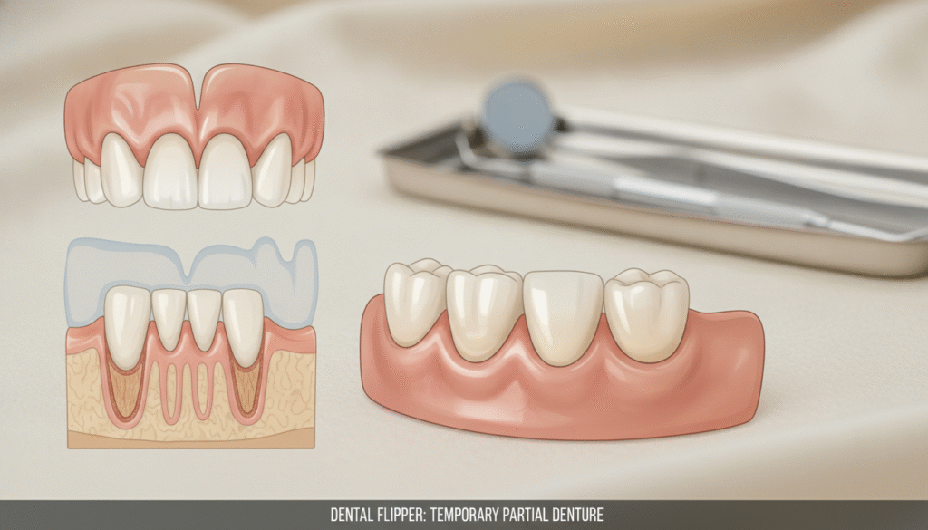 A detailed illustration of a dental flipper, elegantly displayed on a soft, neutral background. In the foreground, the flipper is prominently featured with a glossy finish, showcasing realistic details like the gum-colored base and the artificial teeth. The design highlights different angles of the dental flipper, illustrating how it fits into the mouth seamlessly. Soft, diffused lighting enhances the textures and contours, giving it a lifelike appearance. In the middle ground, a dental tool set is subtly arranged, suggesting a clinical setting without overwhelming the focus on the flipper. The atmosphere is professional and informative, designed to educate viewers about its function and purpose. A detailed illustration of a dental flipper, elegantly displayed on a soft, neutral background. In the foreground, the flipper is prominently featured with a glossy finish, showcasing realistic details like the gum-colored base and the artificial teeth. The design highlights different angles of the dental flipper, illustrating how it fits into the mouth seamlessly. Soft, diffused lighting enhances the textures and contours, giving it a lifelike appearance. In the middle ground, a dental tool set is subtly arranged, suggesting a clinical setting without overwhelming the focus on the flipper. The atmosphere is professional and informative, designed to educate viewers about its function and purpose.