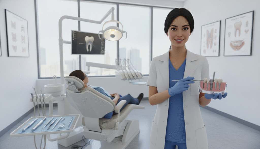 A detailed illustration of a dental implant procedure in a modern dental office. In the foreground, a confident dentist in professional attire holds a dental implant model, demonstrating its structure with precision. In the middle ground, an open dental chair is visible, showcasing a patient comfortably reclining, with dental tools neatly arranged nearby. The background features bright, sterile office elements like dental charts and anatomical posters of teeth, illuminated by soft, natural lighting streaming through large windows. The atmosphere is professional yet welcoming, conveying a sense of trust and expertise in dental care. The composition is slightly angled for depth, enhancing the educational focus on dental implants. A detailed illustration of a dental implant procedure in a modern dental office. In the foreground, a confident dentist in professional attire holds a dental implant model, demonstrating its structure with precision. In the middle ground, an open dental chair is visible, showcasing a patient comfortably reclining, with dental tools neatly arranged nearby. The background features bright, sterile office elements like dental charts and anatomical posters of teeth, illuminated by soft, natural lighting streaming through large windows. The atmosphere is professional yet welcoming, conveying a sense of trust and expertise in dental care. The composition is slightly angled for depth, enhancing the educational focus on dental implants.