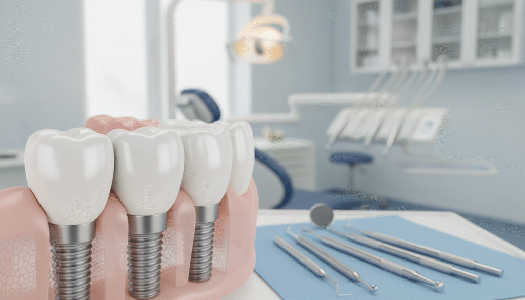 A detailed illustration of an implant-supported dental bridge, prominently displayed in the foreground. The bridge features lifelike prosthetic teeth that blend seamlessly with surrounding natural teeth, highlighting their pearly white finish and realistic textures. In the middle ground, showcase dental implants securely anchored in the jawbone, with a close-up view emphasizing the precision and engineering involved. In the background, a softly blurred dental clinic setting enhances the clinical atmosphere, with professional dental tools and equipment subtly visible. Use bright, natural lighting to create a clean and inviting mood, with a slight focus effect to draw attention to the bridge. The angle should be slightly elevated, capturing both the structure’s details and the inviting atmosphere of the dental environment. Ensure imagery remains strictly professional and focused on the dental subject. A detailed illustration of an implant-supported dental bridge, prominently displayed in the foreground. The bridge features lifelike prosthetic teeth that blend seamlessly with surrounding natural teeth, highlighting their pearly white finish and realistic textures. In the middle ground, showcase dental implants securely anchored in the jawbone, with a close-up view emphasizing the precision and engineering involved. In the background, a softly blurred dental clinic setting enhances the clinical atmosphere, with professional dental tools and equipment subtly visible. Use bright, natural lighting to create a clean and inviting mood, with a slight focus effect to draw attention to the bridge. The angle should be slightly elevated, capturing both the structure’s details and the inviting atmosphere of the dental environment. Ensure imagery remains strictly professional and focused on the dental subject.