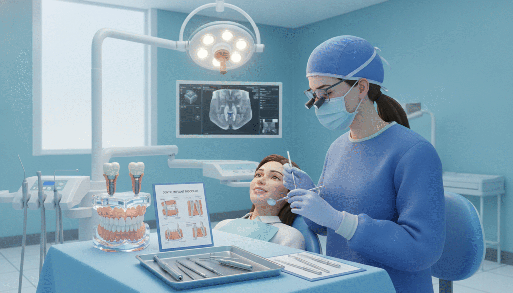 A detailed illustration of the dental implant process, visually breaking down each step in a clinical setting. In the foreground, a dental professional in professional business attire, wearing gloves and a mask, carefully evaluates a patient's mouth using dental instruments. In the middle ground, a table displays a model of a dental implant alongside a patient chart, highlighting key components of the procedure. The background shows a pristine dental clinic environment with surgical lights and equipment, exuding a sense of cleanliness and professionalism. Soft, warm lighting casts gentle shadows, creating a reassuring atmosphere. The composition should evoke a sense of trust and clarity, inviting viewers to understand the intricacies of implant surgery without clutter or distractions. A detailed illustration of the dental implant process, visually breaking down each step in a clinical setting. In the foreground, a dental professional in professional business attire, wearing gloves and a mask, carefully evaluates a patient's mouth using dental instruments. In the middle ground, a table displays a model of a dental implant alongside a patient chart, highlighting key components of the procedure. The background shows a pristine dental clinic environment with surgical lights and equipment, exuding a sense of cleanliness and professionalism. Soft, warm lighting casts gentle shadows, creating a reassuring atmosphere. The composition should evoke a sense of trust and clarity, inviting viewers to understand the intricacies of implant surgery without clutter or distractions.