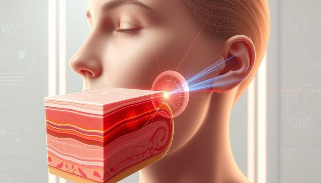 A detailed illustration of the science behind Ultherapy treatment, showcasing the focused ultrasound energy penetrating through the skin to stimulate the natural regeneration of collagen. The foreground depicts a cross-sectional view of the facial anatomy, with an intricate depiction of the dermis, epidermis, and underlying muscle layers. The middle ground highlights the focused ultrasound beams precisely targeting the deep tissue, creating controlled thermal effects to initiate the skin's natural healing response. The background features a minimalist, technical-looking environment, with clean lines and subtle scientific diagrams, conveying a sense of scientific rigor and innovation. The overall scene is rendered in a realistic, high-resolution style, with a warm, soft lighting that accentuates the details and depth of the imagery.