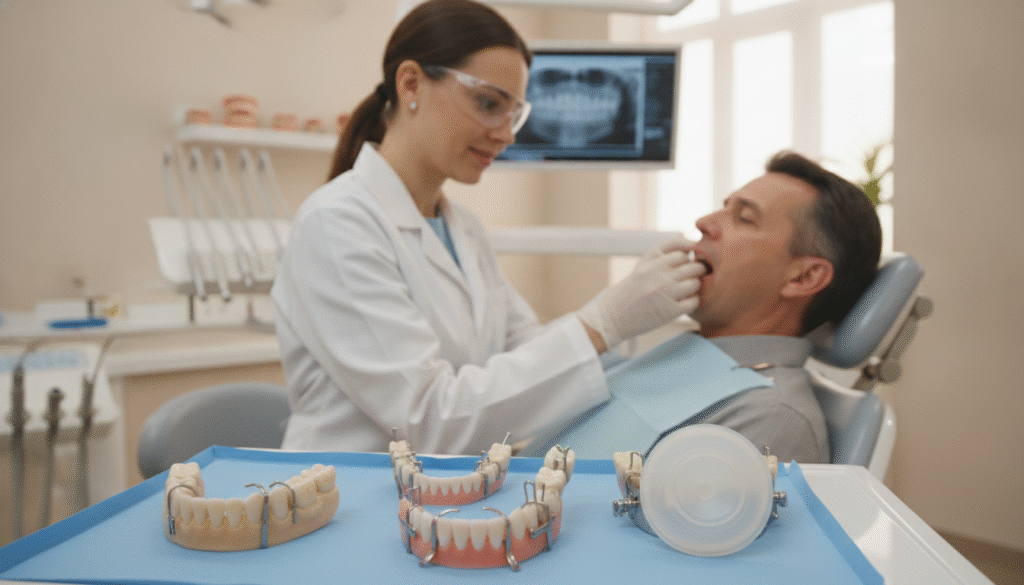 A detailed illustration of various partial denture retention methods displayed in a clinical setting. In the foreground, showcase different types of partial dentures with clear emphasis on clasps, precision attachments, and suction-based systems resting on a dental tray. The middle ground should include a dental professional with a warm yet focused expression, wearing a lab coat and safety goggles, demonstrating the attachment process with a patient in a dental chair. The background should feature a well-equipped dental office, with soft, ambient lighting to create a calm atmosphere. Use a soft focus on the background to ensure the dentures and professional interaction remain the focal point. The overall mood should be informative and reassuring, emphasizing comfort and professionalism in dental care. A detailed illustration of various partial denture retention methods displayed in a clinical setting. In the foreground, showcase different types of partial dentures with clear emphasis on clasps, precision attachments, and suction-based systems resting on a dental tray. The middle ground should include a dental professional with a warm yet focused expression, wearing a lab coat and safety goggles, demonstrating the attachment process with a patient in a dental chair. The background should feature a well-equipped dental office, with soft, ambient lighting to create a calm atmosphere. Use a soft focus on the background to ensure the dentures and professional interaction remain the focal point. The overall mood should be informative and reassuring, emphasizing comfort and professionalism in dental care.
