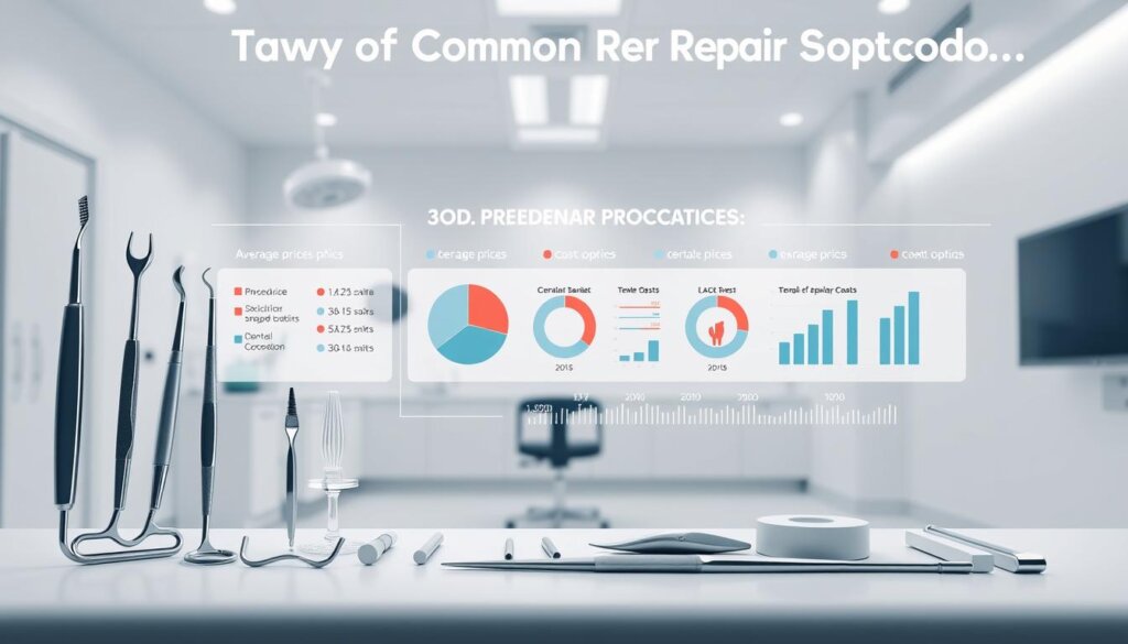 A detailed infographic showcasing the average prices for common dental repair procedures. The foreground displays a line-up of dental tools and equipment, meticulously rendered with a high level of realism. The middle ground features a series of pie charts and bar graphs, presenting the cost data in a clear and visually engaging manner. The background depicts a clean, minimalist medical office setting, with soft lighting and muted tones to create a professional, authoritative atmosphere. The overall composition strikes a balance between informative and aesthetically pleasing, making it an ideal illustration for the "Overview of Common Repair Options" section of the article.