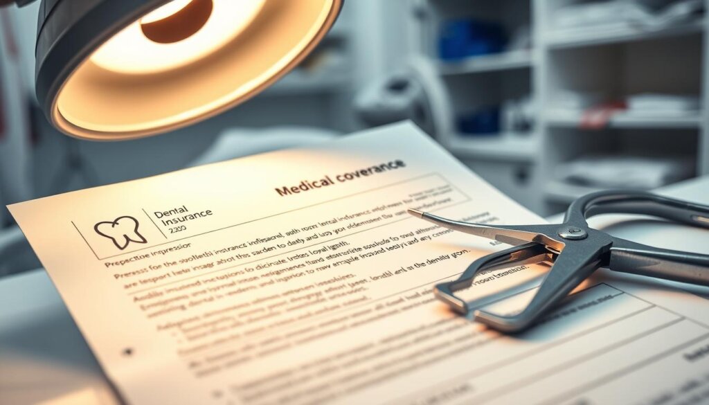 A detailed medical claim form lies open, showcasing a broken tooth icon and text describing dental insurance coverage. In the foreground, a doctor's examination light casts a warm, clinical glow, highlighting the form's intricate details. In the middle ground, a pair of professional-grade dental tools - pliers and a mirror - are arranged neatly, conveying the specialized care required. The background features a blurred medical office setting, with shelves of supplies and equipment hinting at the expertise needed to address this dental emergency. The overall mood is one of thoughtful consideration, as the viewer contemplates the factors that will determine the extent of coverage for this unexpected dental issue.