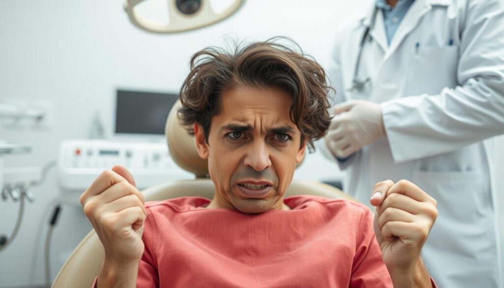 A distressed individual sitting nervously in a dental chair, their hands gripping the armrests tightly. The room is brightly lit, with clean, sterile white walls and medical equipment visible in the background. The patient's expression conveys a sense of anxiety, their brow furrowed and lips pursed. The dentist, dressed in a pristine white coat, stands nearby, their face conveying a sense of empathy and understanding. The scene is captured with a shallow depth of field, focusing the viewer's attention on the patient's face and the emotional tension of the moment.