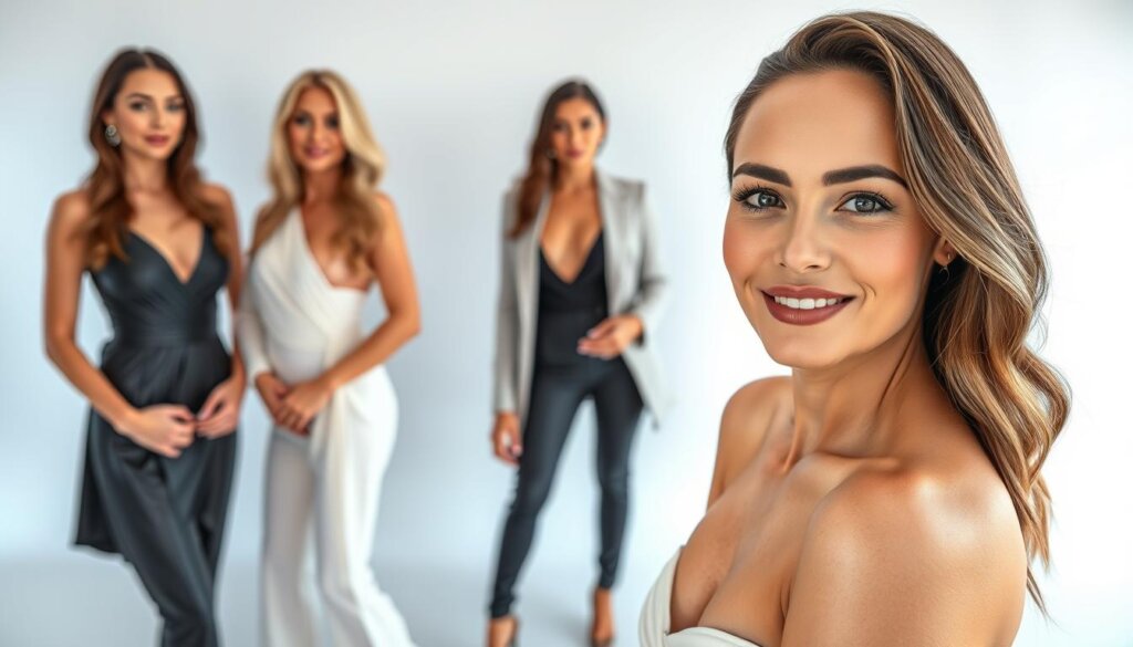 A glamorous group of celebrities known for their Ultherapy treatments, posing elegantly against a sleek, modern backdrop. The foreground features close-up, high-resolution portraits showcasing their radiant, youthful complexions - the result of the non-invasive skin tightening procedure. The middle ground includes full-body shots capturing their chic, sophisticated attire, while the background is a minimalist, studio-like setting with subtle lighting and gradients that accentuate the subjects' natural beauty. Capturing the essence of Ultherapy's transformative power, the image conveys a sense of timeless elegance and the celebrities' commitment to maintaining a vibrant, rejuvenated appearance.