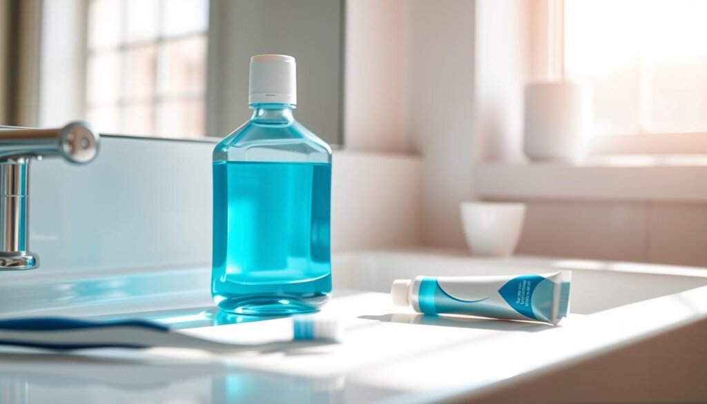 A glass bottle of vibrant blue mouthwash sits prominently on a white bathroom counter, casting soft shadows. The bottle is angled slightly, showcasing its sleek, minimalist design. In the foreground, a toothbrush and toothpaste tube are arranged neatly, hinting at the importance of mouthwash in a comprehensive oral health routine. The background is blurred, creating a sense of focus on the mouthwash bottle as the central subject. Warm, diffused lighting from a window casts a gentle glow, highlighting the clarity and transparency of the mouthwash liquid. The overall mood is clean, professional, and emphasizes the role of mouthwash in maintaining dental health.