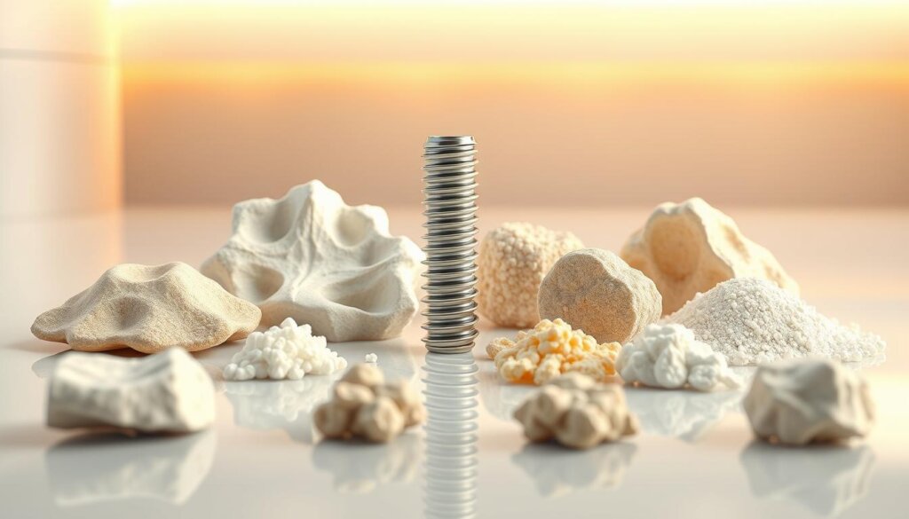 A high-resolution, hyper-realistic 3D rendering of various synthetic bone graft options for medical and dental applications. The foreground displays an assortment of bone graft materials, including demineralized bone matrix, calcium phosphate ceramics, and bioactive glass granules, arranged neatly on a clean, reflective surface. The middle ground features a medical-grade titanium dental implant surrounded by the bone graft materials, showcasing their potential use in implant procedures. The background is a softly lit, clinical environment with subtle gradients, conveying a sense of professionalism and scientific precision. The lighting is warm and directional, highlighting the textural details of the materials. The camera angle is slightly elevated, providing an informative, technical perspective on the subject matter.