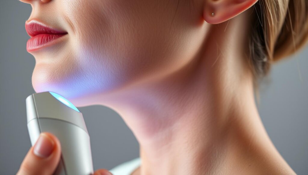 A high-resolution, photorealistic image of Ultherapy, a non-surgical skin tightening treatment. The image shows a close-up view of a woman's neck and jawline, illuminated by soft, diffused lighting from the side. The skin appears smooth and lifted, with a subtle glow. In the foreground, the Ultherapy handpiece is visible, held gently against the skin, emanating a faint blue-white energy. The background is blurred, creating a sense of focus and clarity on the treatment area. The overall mood is one of clinical precision, safety, and the transformative power of this non-invasive aesthetic procedure.