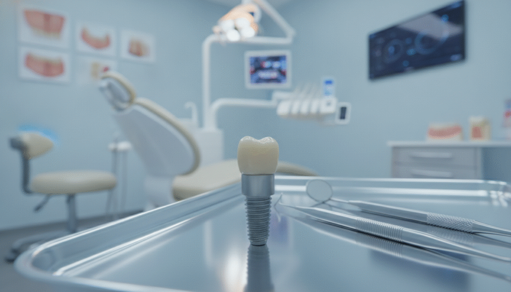 A highly detailed dental implant positioned prominently in the foreground, showcasing its titanium post and ceramic crown. The implant is placed on a sterile, reflective dental surface with dental tools subtly arranged nearby, enhancing the clinical feel. In the middle ground, a blurry depiction of a dental office environment featuring modern equipment and soft, ambient lighting, suggesting a clean and professional atmosphere. The background should subtly hint at dental charts or anatomical models, providing context without distraction. The lighting is bright and even, creating a clinical yet welcoming mood, while the angle is slightly above the implant, allowing viewers to appreciate its design and structure. Soft shadows should add depth, ensuring the focus remains on the dental implant itself. A highly detailed dental implant positioned prominently in the foreground, showcasing its titanium post and ceramic crown. The implant is placed on a sterile, reflective dental surface with dental tools subtly arranged nearby, enhancing the clinical feel. In the middle ground, a blurry depiction of a dental office environment featuring modern equipment and soft, ambient lighting, suggesting a clean and professional atmosphere. The background should subtly hint at dental charts or anatomical models, providing context without distraction. The lighting is bright and even, creating a clinical yet welcoming mood, while the angle is slightly above the implant, allowing viewers to appreciate its design and structure. Soft shadows should add depth, ensuring the focus remains on the dental implant itself.