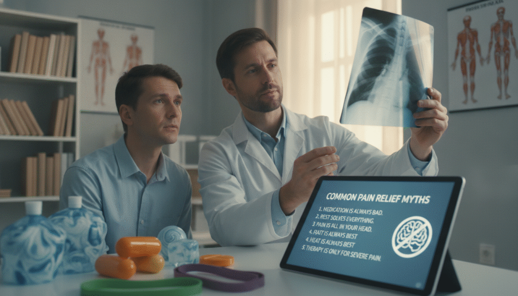 A medical professional in a crisp white coat examines a patient's x-ray, showcasing a thoughtful expression. In the foreground, a list of common misconceptions about pain relief are displayed on a sleek digital tablet beside them. The middle ground features an array of vibrant yet abstract representations of various pain relief methods, such as pills, ice packs, and physical therapy equipment, slightly blurred to emphasize the focus on the professional and patient interaction. The background includes a softly lit medical office, with shelves of medical textbooks and posters illustrating human anatomy. The overall mood is one of clarity and understanding, with warm, calming lighting to create a reassuring atmosphere, symbolizing the journey toward accurate knowledge about pain management. A medical professional in a crisp white coat examines a patient's x-ray, showcasing a thoughtful expression. In the foreground, a list of common misconceptions about pain relief are displayed on a sleek digital tablet beside them. The middle ground features an array of vibrant yet abstract representations of various pain relief methods, such as pills, ice packs, and physical therapy equipment, slightly blurred to emphasize the focus on the professional and patient interaction. The background includes a softly lit medical office, with shelves of medical textbooks and posters illustrating human anatomy. The overall mood is one of clarity and understanding, with warm, calming lighting to create a reassuring atmosphere, symbolizing the journey toward accurate knowledge about pain management.