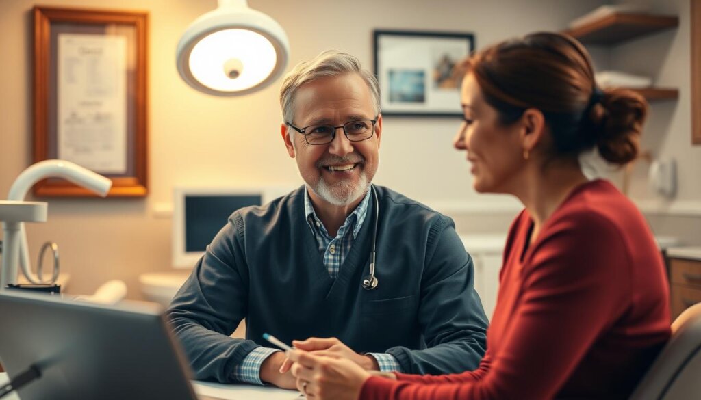 A mid-career dentist with an empathetic expression, sitting at their desk and discussing flossing habits with a patient. The dentist's face is illuminated by warm, directional lighting, creating a soft, inviting atmosphere. The patient's attentive posture and curious expression suggest an open, collaborative dialogue. The background features tasteful dental office decor, with subtle hints of medical equipment and wall-mounted displays to reinforce the professional setting. The overall scene conveys a sense of trust, care, and a shared commitment to optimal oral health.