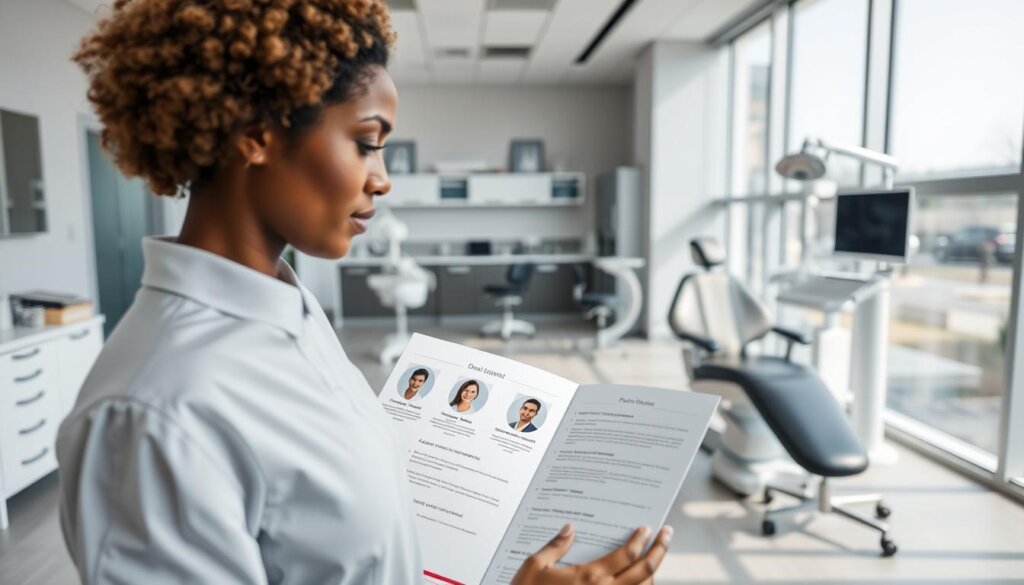 A modern and airy dental office, with large windows flooding the space with natural light. In the foreground, a patient thoughtfully examines a portfolio of dentist profiles, carefully considering their qualifications and patient reviews. The middle ground showcases a clean, minimalist reception area with sleek, ergonomic furniture. In the background, dental equipment and tools are neatly organized, conveying a sense of professionalism and attention to detail. The overall atmosphere is calming and inviting, reflecting the care and expertise of the dental practice.
