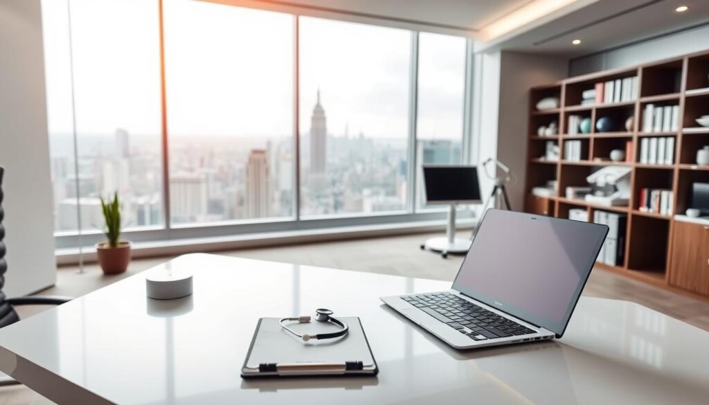 A modern office setting with a sleek, minimalist aesthetic. In the foreground, a neatly arranged desk with a laptop, notepad, and a few healthcare-related items, such as a stethoscope and a prescription pad. In the middle ground, a panoramic window offers a view of the bustling city skyline, hinting at the urban context. The lighting is soft and diffused, creating a serene and professional atmosphere. In the background, bookshelves and medical equipment suggest an environment focused on healthcare and wellness. The overall composition conveys a sense of authority, expertise, and the factors that influence the cost of Ultherapy treatments in the UK.