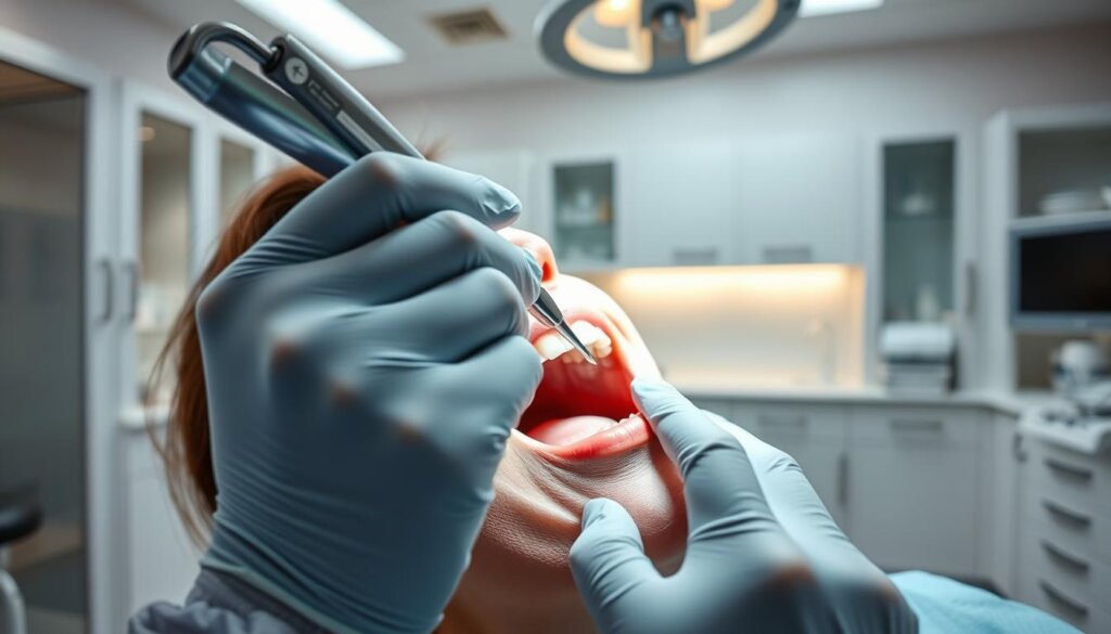 A modern, well-lit dental office interior with a close-up view of a dentist's hand working on a patient's tooth. The dentist is performing a filling procedure, using precision dental tools and instruments. The patient's mouth is open, and the dentist's hands are focused on the task at hand. The background shows a clean, sterile environment with medical cabinets, equipment, and soft lighting. The image conveys a sense of professionalism, expertise, and the detailed, intricate nature of a tooth filling procedure.
