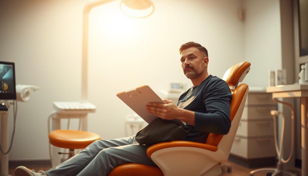 A person sitting in a dentist's chair, with a sense of anticipation and slight nervousness. The chair is positioned under bright, warm lighting that casts soft shadows, creating a welcoming atmosphere. The person is holding a clipboard, ready to fill out forms, and a small bag, perhaps containing personal items. In the background, we see the familiar dental equipment and tools, sterilized and neatly arranged, conveying a sense of professionalism and care. The scene evokes the feeling of someone taking an important step in their health and wellness journey, preparing for a necessary but potentially daunting procedure.