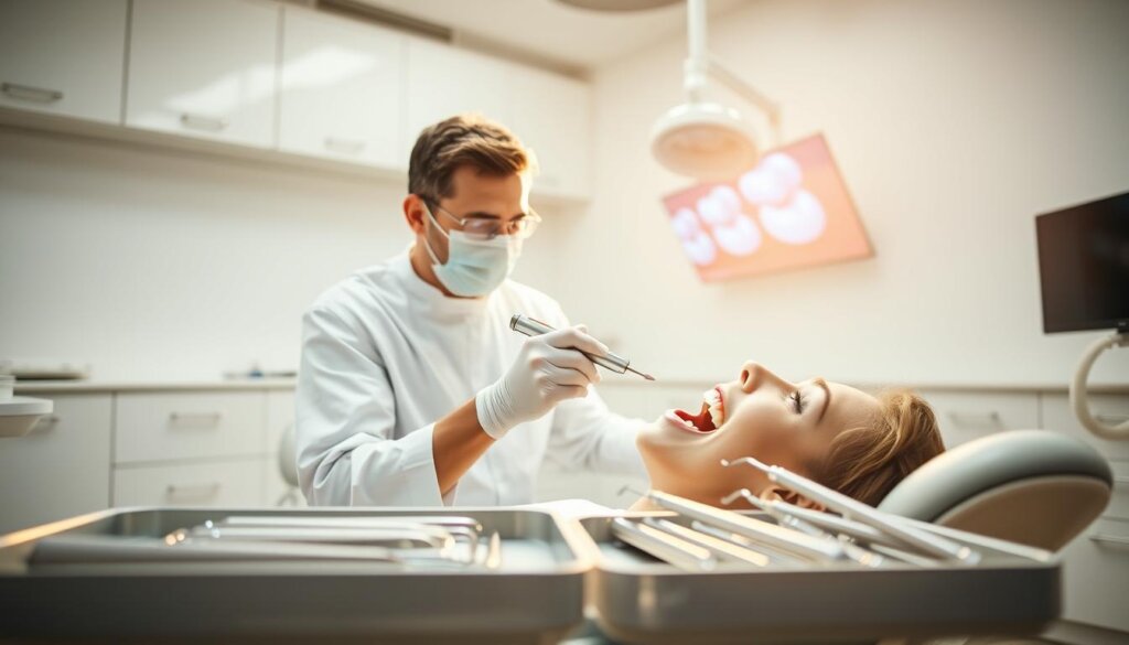 A pristine dental clinic bathed in warm, natural light. In the foreground, a dentist wearing crisp, white scrubs gently scrapes away plaque and tartar from a patient's teeth using a high-precision ultrasonic scaler. The patient reclines comfortably, mouth agape, as the dentist skillfully navigates the contours of their teeth. In the middle ground, trays of gleaming dental tools stand ready, reflecting the bright, sterile environment. The background reveals a soothing, minimalist decor - pale walls, sleek cabinetry, and the faint glow of a wall-mounted monitor displaying educational dental imagery. The overall scene conveys a sense of professionalism, cleanliness, and patient care, capturing the essence of a thorough, transformative professional dental cleaning.