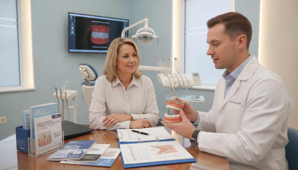 A professional dental clinic interior showcasing a dental implant consultation scene. In the foreground, a confident dentist in a crisp white lab coat is discussing dental implants with a patient, who appears attentive and engaged. The dentist is holding a dental model of an implant, demonstrating its structure and placement. In the middle ground, you can see dental equipment, charts of dental anatomy, and brochures about insurance coverage laid out neatly on a table. The background features soothing colors, with soft lighting that creates a calm and informative atmosphere, evoking trust and professionalism. The image is shot at eye level to capture both the interactions and educational elements effectively. A professional dental clinic interior showcasing a dental implant consultation scene. In the foreground, a confident dentist in a crisp white lab coat is discussing dental implants with a patient, who appears attentive and engaged. The dentist is holding a dental model of an implant, demonstrating its structure and placement. In the middle ground, you can see dental equipment, charts of dental anatomy, and brochures about insurance coverage laid out neatly on a table. The background features soothing colors, with soft lighting that creates a calm and informative atmosphere, evoking trust and professionalism. The image is shot at eye level to capture both the interactions and educational elements effectively.
