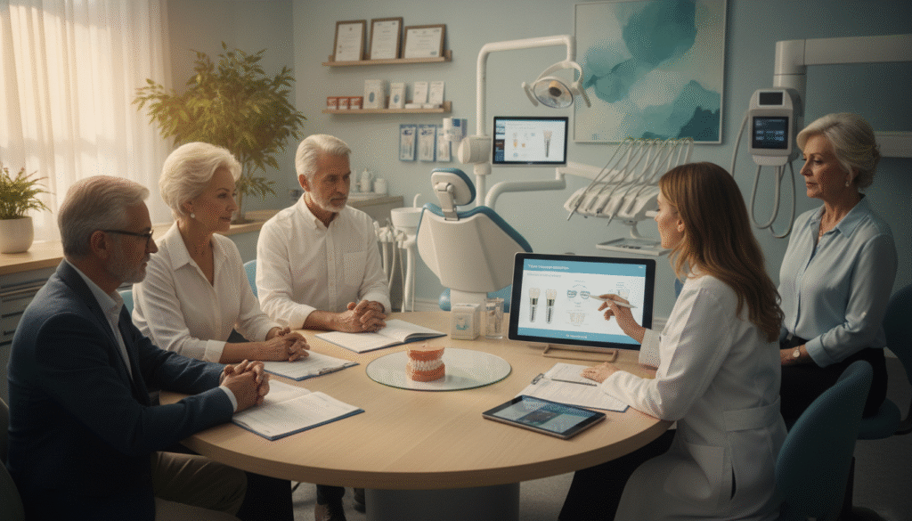 A professional dental clinic setting focusing on age considerations in dental health. In the foreground, a diverse group of older adults, dressed in smart casual attire, are seated around a consultation table with a dentist, who is explaining tooth implant options using a digital presentation. In the middle, dental charts and a dental model of a tooth implant are prominently displayed. The background features modern dental equipment and calming decor to create a welcoming atmosphere. Soft, natural lighting illuminates the scene, giving a warm and inviting feel. The overall mood should be informative yet reassuring, highlighting the importance of dental health at any age. A professional dental clinic setting focusing on age considerations in dental health. In the foreground, a diverse group of older adults, dressed in smart casual attire, are seated around a consultation table with a dentist, who is explaining tooth implant options using a digital presentation. In the middle, dental charts and a dental model of a tooth implant are prominently displayed. The background features modern dental equipment and calming decor to create a welcoming atmosphere. Soft, natural lighting illuminates the scene, giving a warm and inviting feel. The overall mood should be informative yet reassuring, highlighting the importance of dental health at any age.