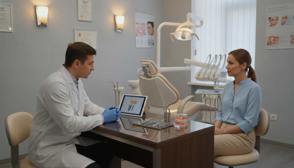 A professional dental clinic setting, showcasing a pre-surgery consultation room. In the foreground, a dentist in a white coat and gloves is attentively discussing with a patient, both seated around a sleek, modern consultation table. The patient appears calm and engaged, wearing modest clothing. Medical tools and dental diagrams are neatly arranged on the table. In the middle ground, a dental chair stands ready, illuminated by soft, focused lighting from wall sconces. The background features clean, professional decor, with diplomas and dental posters on the walls, creating a reassuring atmosphere. The overall lighting is warm and inviting, enhancing the mood of trust and professionalism. The angle captures both the interaction and the clinical environment in a clear, informative manner. A professional dental clinic setting, showcasing a pre-surgery consultation room. In the foreground, a dentist in a white coat and gloves is attentively discussing with a patient, both seated around a sleek, modern consultation table. The patient appears calm and engaged, wearing modest clothing. Medical tools and dental diagrams are neatly arranged on the table. In the middle ground, a dental chair stands ready, illuminated by soft, focused lighting from wall sconces. The background features clean, professional decor, with diplomas and dental posters on the walls, creating a reassuring atmosphere. The overall lighting is warm and inviting, enhancing the mood of trust and professionalism. The angle captures both the interaction and the clinical environment in a clear, informative manner.