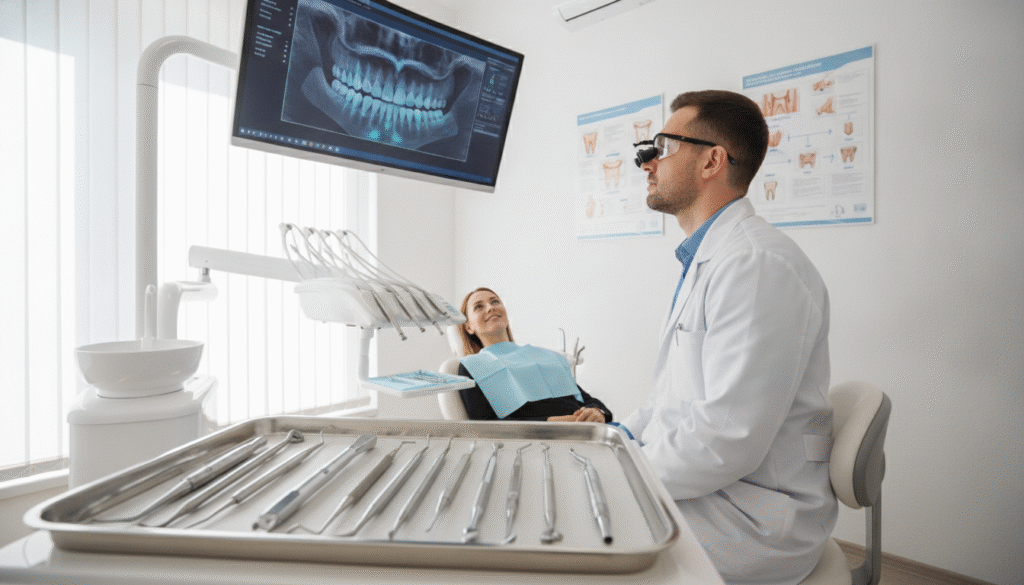 A professional dentist in a modern dental clinic, meticulously examining dental implants and bridges on an overhead screen. In the foreground, a dental tool kit with high-quality instruments is neatly arranged. The dentist, dressed in a white coat and protective glasses, appears focused and engaged. In the middle, a patient reclines in a dental chair, looking relaxed and comfortable. Bright, natural light floods the room, highlighting the shiny surfaces and modern equipment. The background features a wall with informative dental diagrams, creating an educational atmosphere. The overall mood is of professionalism, expertise, and care, emphasizing the importance of proper maintenance for dental restorations. A professional dentist in a modern dental clinic, meticulously examining dental implants and bridges on an overhead screen. In the foreground, a dental tool kit with high-quality instruments is neatly arranged. The dentist, dressed in a white coat and protective glasses, appears focused and engaged. In the middle, a patient reclines in a dental chair, looking relaxed and comfortable. Bright, natural light floods the room, highlighting the shiny surfaces and modern equipment. The background features a wall with informative dental diagrams, creating an educational atmosphere. The overall mood is of professionalism, expertise, and care, emphasizing the importance of proper maintenance for dental restorations.