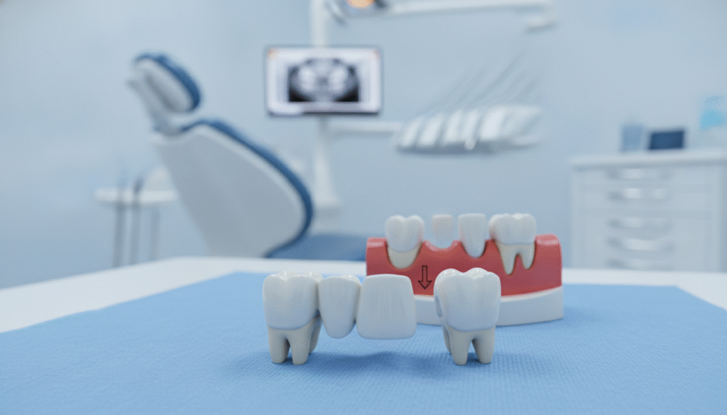 A realistic dental bridge solution for missing teeth, showcasing multiple units connected together. In the foreground, a polished ceramic bridge with a natural tooth-like appearance and precise detail, displayed prominently. The middle section features a dental model illustrating how the bridge attaches to adjacent teeth, demonstrating stability and function. The background shows a softly blurred dental clinic setting, enhancing the professional atmosphere. Bright, clinical lighting illuminates the scene, creating a clean and informative ambiance. The perspective is slightly angled downwards for clarity, reminiscent of a dental consultation view. Overall, the image conveys a sense of trust and professionalism, perfect for educating readers on dental bridges. A realistic dental bridge solution for missing teeth, showcasing multiple units connected together. In the foreground, a polished ceramic bridge with a natural tooth-like appearance and precise detail, displayed prominently. The middle section features a dental model illustrating how the bridge attaches to adjacent teeth, demonstrating stability and function. The background shows a softly blurred dental clinic setting, enhancing the professional atmosphere. Bright, clinical lighting illuminates the scene, creating a clean and informative ambiance. The perspective is slightly angled downwards for clarity, reminiscent of a dental consultation view. Overall, the image conveys a sense of trust and professionalism, perfect for educating readers on dental bridges.