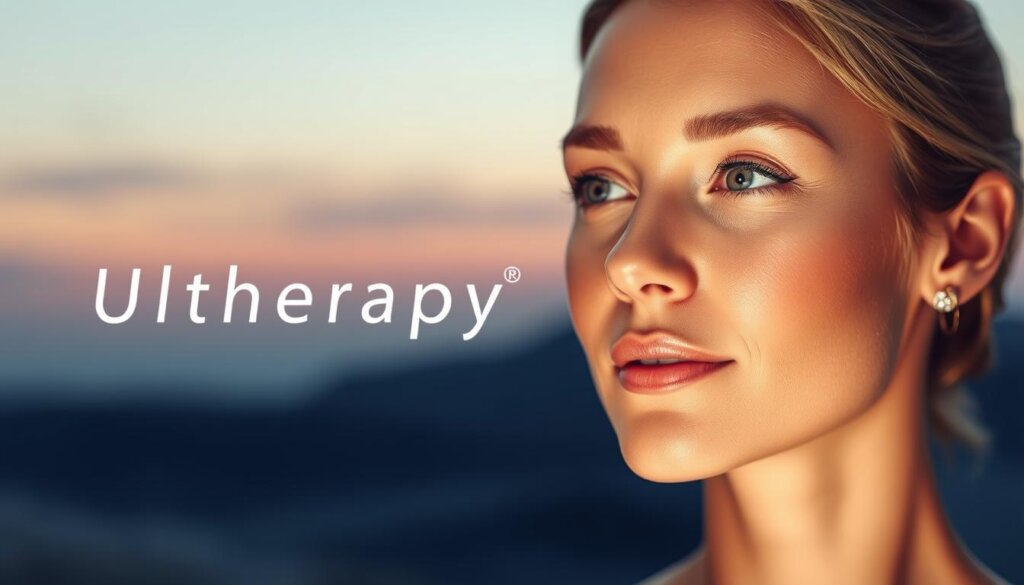 A serene and insightful illustration of Ultherapy, a revolutionary non-surgical skin-tightening treatment. In the foreground, a woman's face is illuminated by a soft, natural lighting, her skin glowing with a youthful radiance. The middle ground showcases the Ultherapy device, its sleek design and precise ultrasound technology subtly hinted at. In the background, a soothing, almost ethereal landscape sets the stage, conveying the calm and rejuvenating effects of the procedure. The overall mood is one of tranquility, hope, and the promise of a more vibrant, rejuvenated appearance.