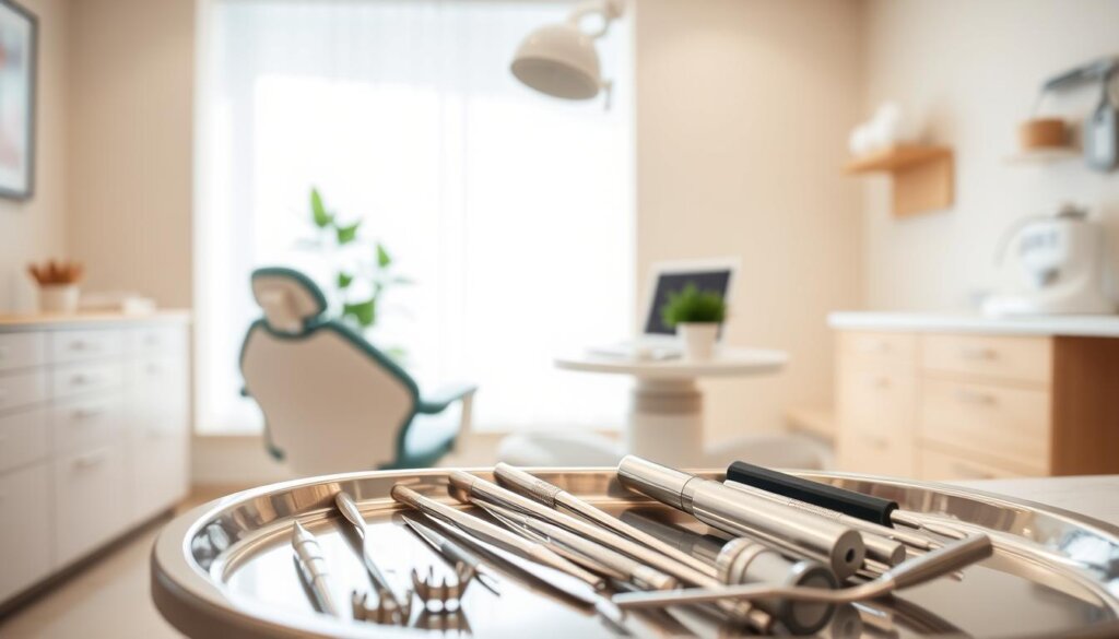 A serene dental office, with a warm, inviting atmosphere. In the foreground, a set of clean, well-maintained dental tools and instruments, meticulously arranged on a stainless steel tray. In the middle ground, a calming, minimalist desk with a potted plant and a laptop, suggesting a focus on preventive care and patient education. The background features a large window, allowing natural light to pour in, creating a sense of openness and tranquility. The overall scene conveys a professional, yet comforting environment, where patients can feel at ease and confident in the preventive measures taken to safeguard their dental health.