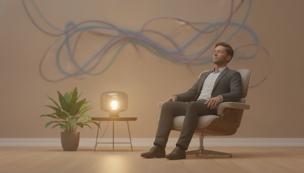 A serene, softly lit room, symbolizing pain cessation, occupies the foreground. In the center, a person dressed in professional business attire, exuding a calm demeanor, sits comfortably on a modern chair, eyes gently closed, conveying relief and tranquility. Their posture is relaxed, suggesting they have just released tension. The middle ground features a warm light, casting gentle shadows that enhance a peaceful atmosphere, with subtle elements like a dimmed lamp and a potted plant, representing growth and healing. In the background, a blurred abstract depiction of tangled strings or waves signifies complex signals of pain, hinting at the complexity of experiences. The overall mood should evoke a sense of calmness and introspection, captured with a soft focus to maintain a soothing effect, ideally framed with a wide-angle lens to encapsulate the serene environment. A serene, softly lit room, symbolizing pain cessation, occupies the foreground. In the center, a person dressed in professional business attire, exuding a calm demeanor, sits comfortably on a modern chair, eyes gently closed, conveying relief and tranquility. Their posture is relaxed, suggesting they have just released tension. The middle ground features a warm light, casting gentle shadows that enhance a peaceful atmosphere, with subtle elements like a dimmed lamp and a potted plant, representing growth and healing. In the background, a blurred abstract depiction of tangled strings or waves signifies complex signals of pain, hinting at the complexity of experiences. The overall mood should evoke a sense of calmness and introspection, captured with a soft focus to maintain a soothing effect, ideally framed with a wide-angle lens to encapsulate the serene environment.