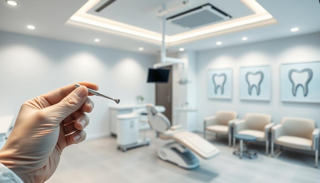 A sleek, modern dental clinic interior with a minimalist design. The foreground features a close-up view of a dentist's hand holding a dental cleaning tool, conveying the focus on the cleaning procedure. The middle ground showcases a clean, well-lit examination room with state-of-the-art equipment and a comfortable patient chair. The background depicts a soothing, neutral-toned waiting area with contemporary furniture and stylized dental-themed artwork on the walls, creating a calming atmosphere. The lighting is bright and evenly distributed, highlighting the clinical yet welcoming ambiance. The overall scene conveys the professionalism and attention to detail associated with the cost of a high-quality dental cleaning.
