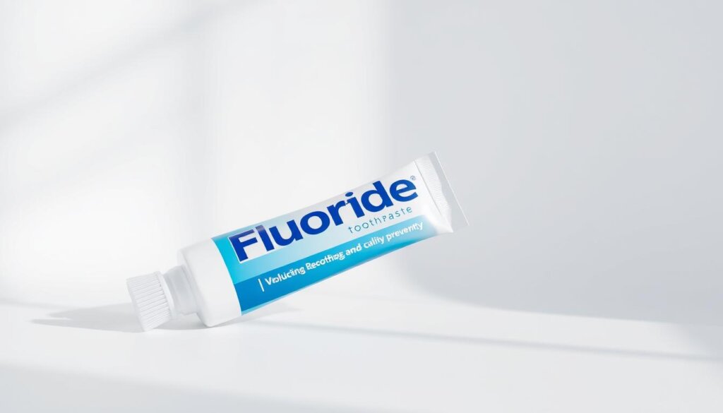 A sleek, modern tube of fluoride toothpaste, prominently displayed against a bright, clean background. The tube is tilted slightly, revealing its vibrant blue-and-white color scheme and the crisp, legible branding. Soft, directional lighting from the left casts subtle shadows, emphasizing the product's form and texture. The toothpaste itself appears creamy and inviting, hinting at its thorough cleansing and cavity-preventing properties. The overall scene conveys a sense of dental health, hygiene, and the importance of selecting the right toothpaste for optimal oral care.